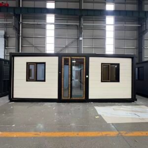 Front view of a 20FT white expandable container house with a clean flat roof design