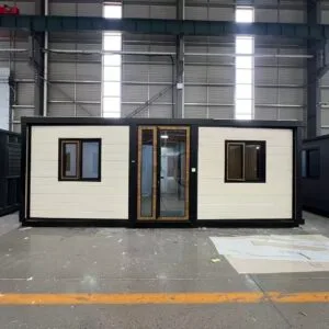 Front view of a 20FT white expandable container house with a clean flat roof design