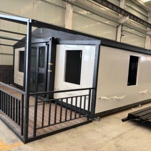 Side view of 30FT expandable container house with terrace and spacious modular design