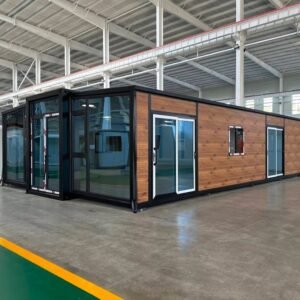 Side view of 40FT New Zealand wood grain expandable container house with insulated modular walls