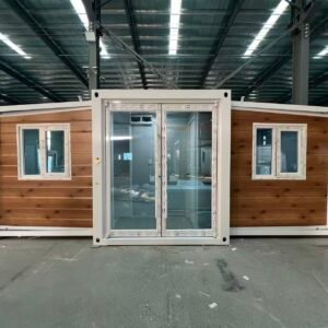 Front view of Australian standard wood grain expandable container house with modern residential exterior