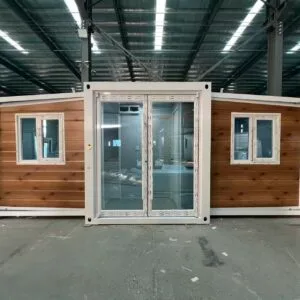 Front view of Australian standard wood grain expandable container house with modern residential exterior