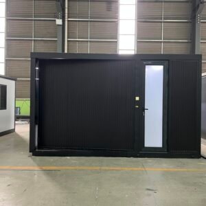 Front view of a black single-wing expandable container house with modern exterior design