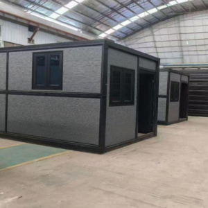 Flat pack container house with black steel frame and insulated wall panels