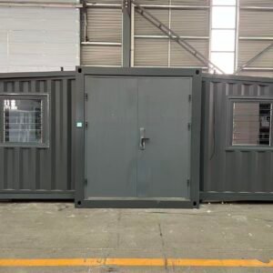 Front view of a gray hurricane-resistant expandable container house designed for coastal and island environments