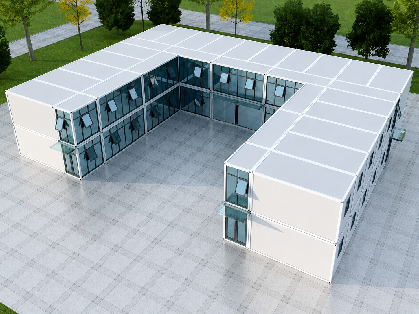 Modular container building complex arranged around a central courtyard