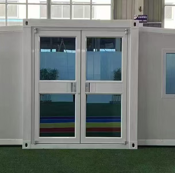 Double commercial glass entrance door for prefab buildings and modular commercial spaces