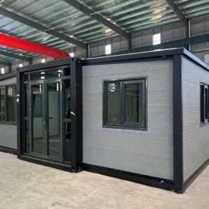 Front view of premium grey insulated expandable container house with modern modular design