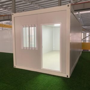 Small white prefab container office with door and window