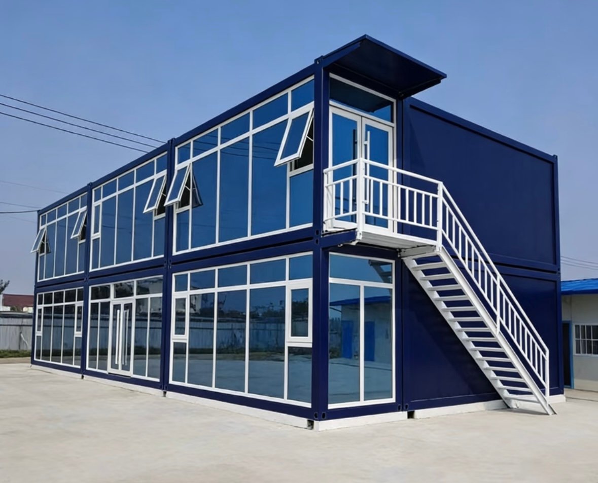 Two-story blue container office building with exterior staircase