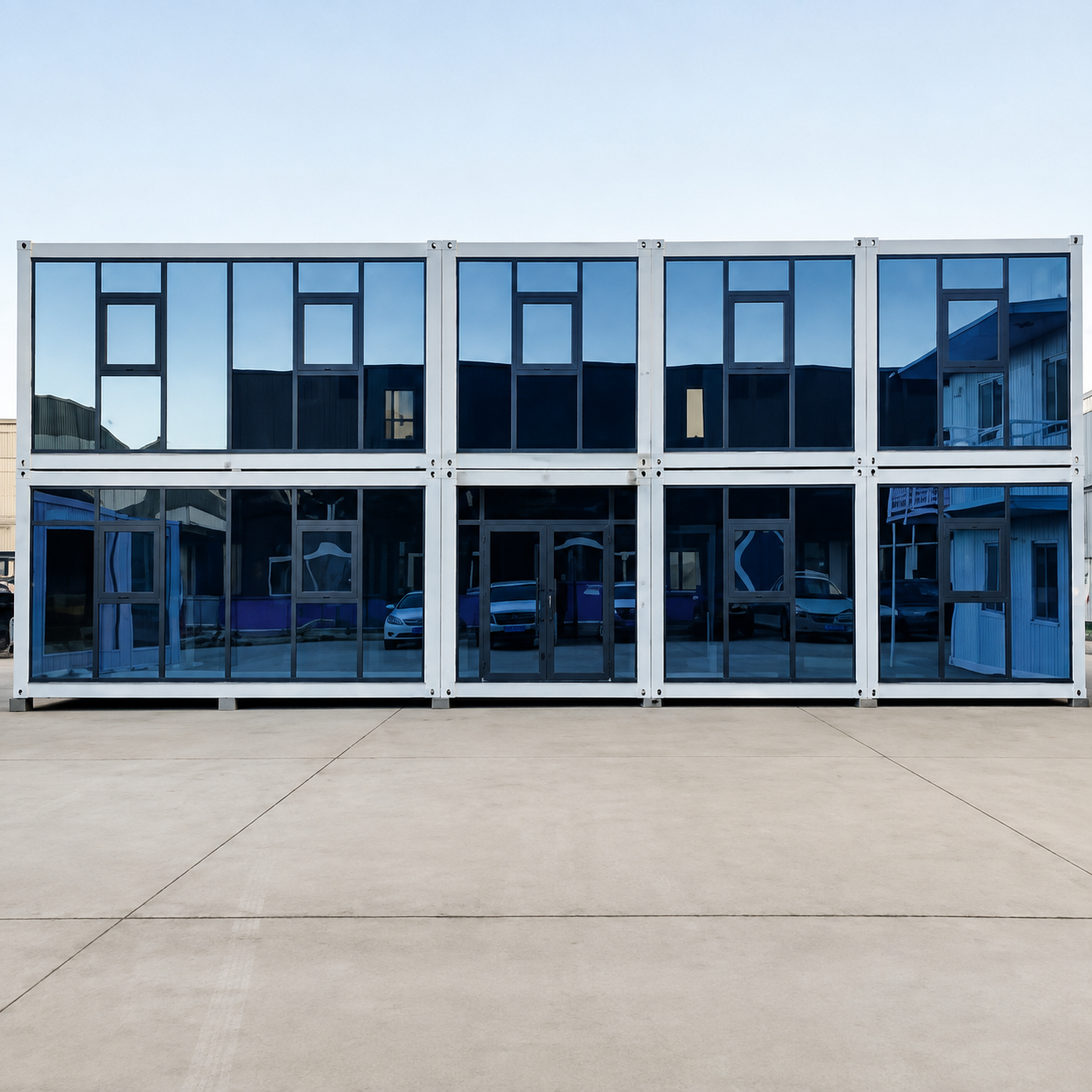 Two-story modular container building with large glass windows
