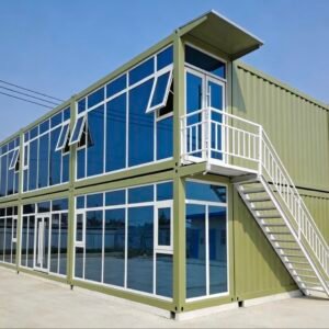 Two-story green prefab container building with exterior staircase