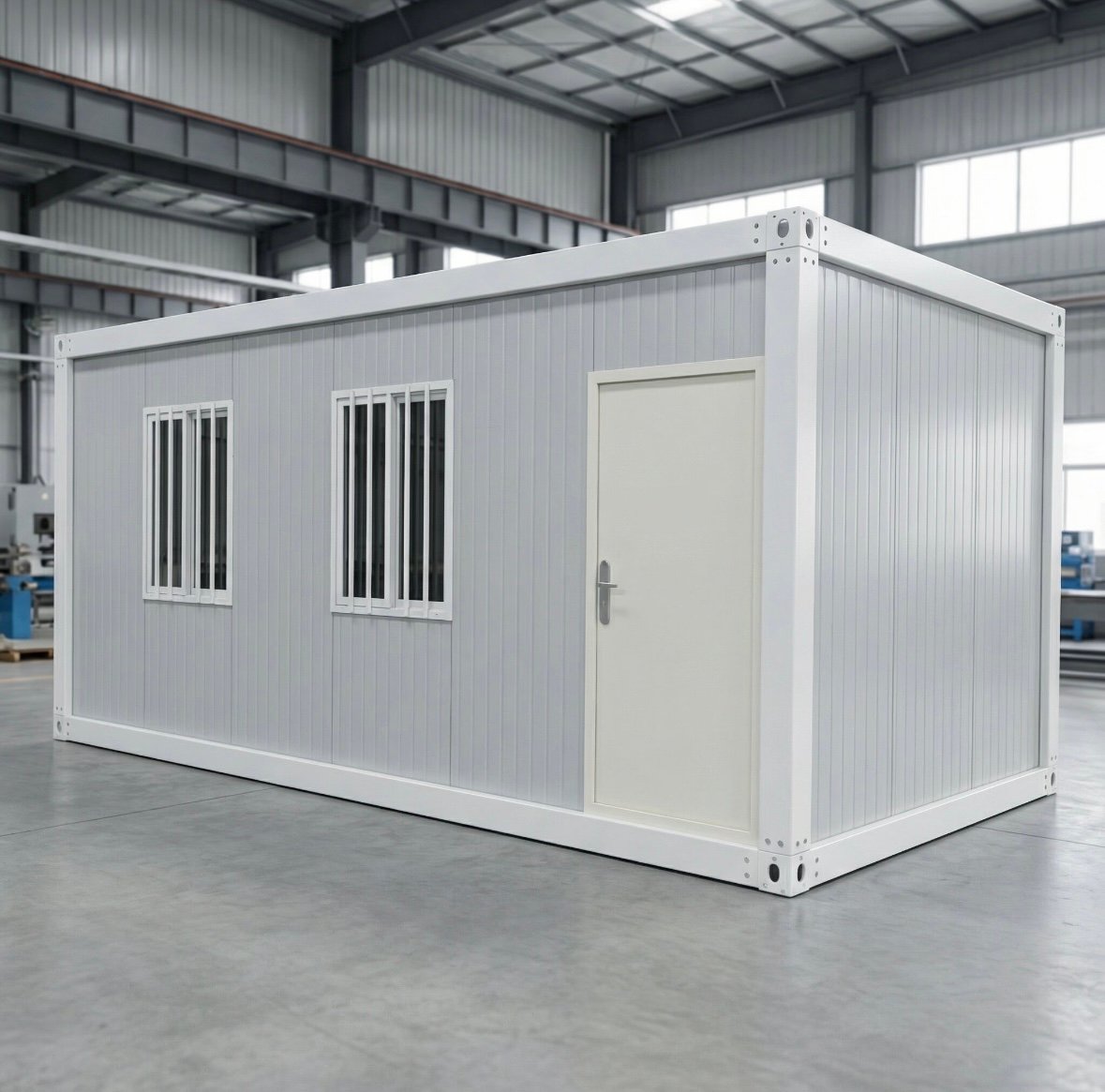 White flat pack container house with windows and entrance door