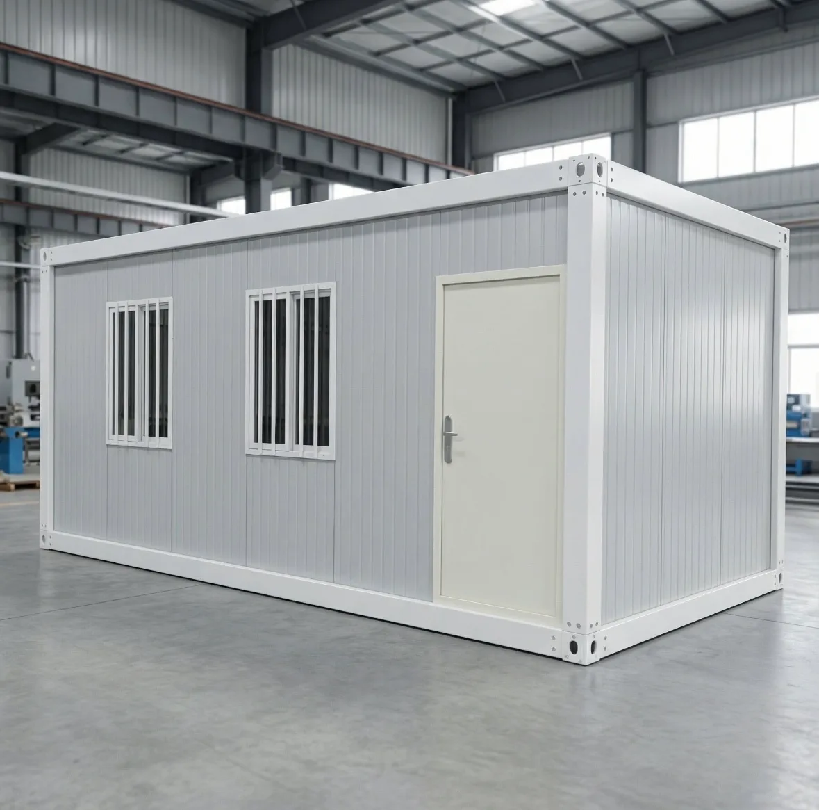 White flat pack container house with windows and entrance door