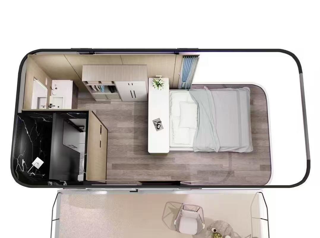 23sqm Space Capsule house top‑down layout render, floor plan display of compact glamping modular pod