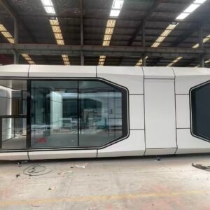 Modern Space Capsule prefab house, 28sqm movable glamping pod with large floor‑to‑ceiling glass in factory