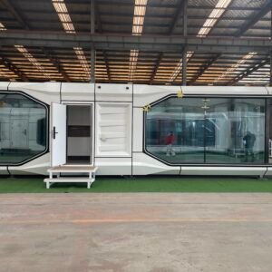 Rear side view of 38sqm large Space Capsule glamping pod, finished modular prefab resort house