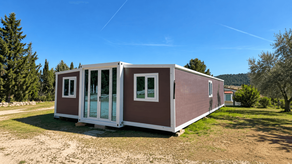 Front view of 40FT luxury finished expandable container house with modern modular exterior