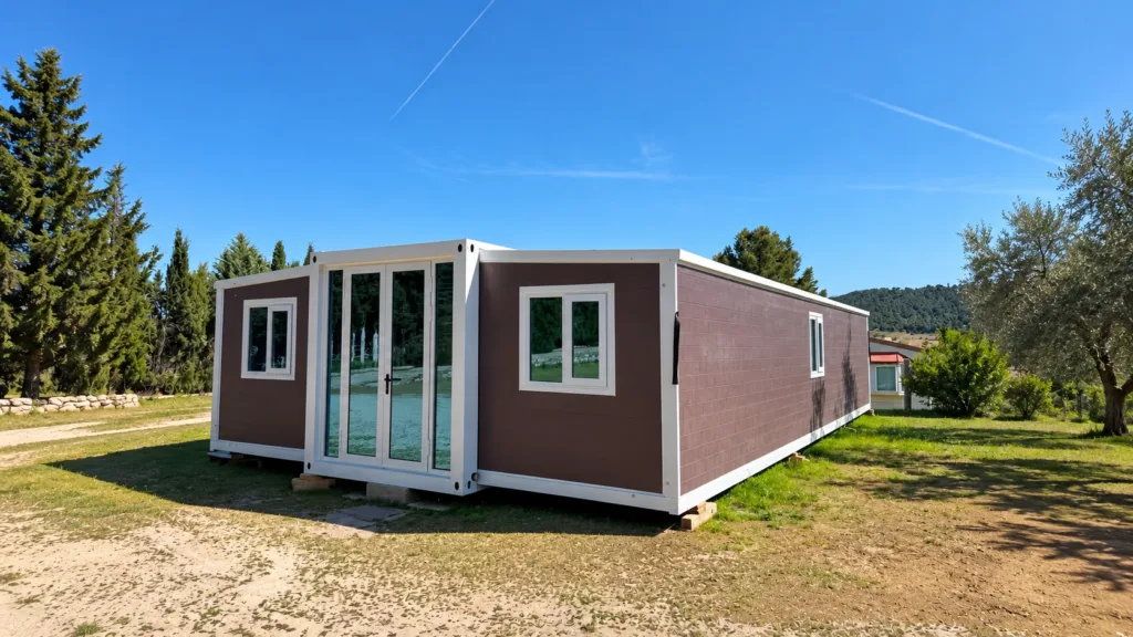 Front view of 40FT luxury finished expandable container house with modern modular exterior